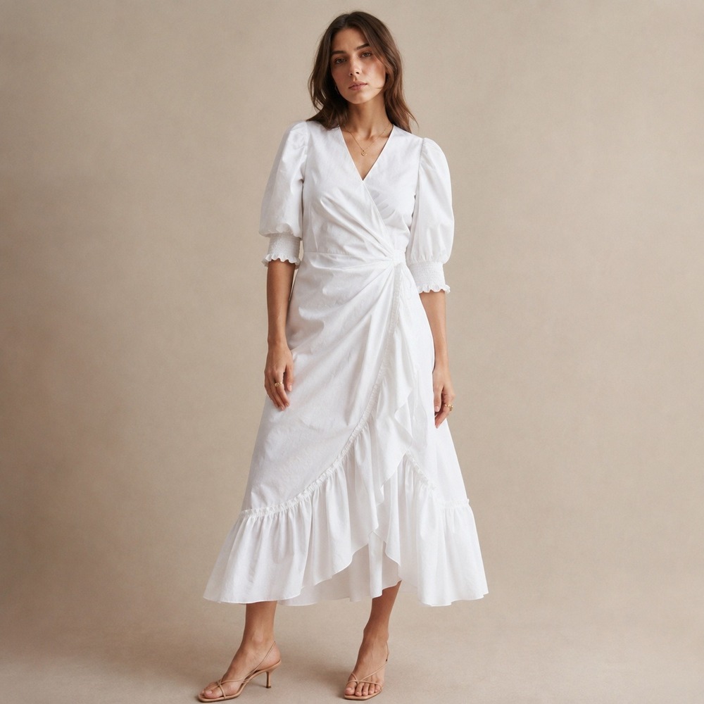 Cinq A Sept White Ruffle Wrap Midi Dress Puff Sleeve Sz 4